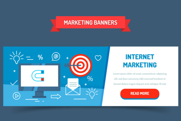 Illustration of a blue and white digital marketing banner showing a target, a magnet, an envelope, and marketing icons.