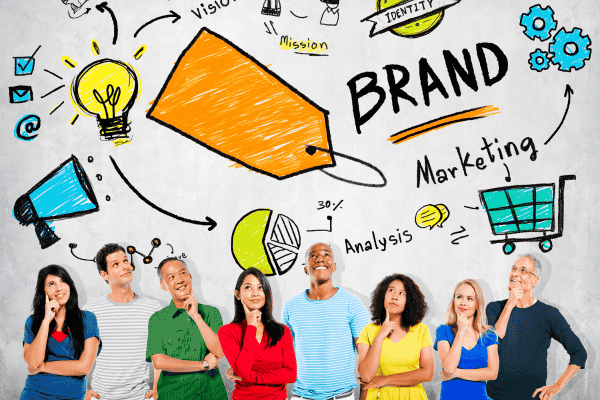 Diverse team collaborating beneath a visual map of branding concepts like BRAND, Mission, Vision, and Marketing.